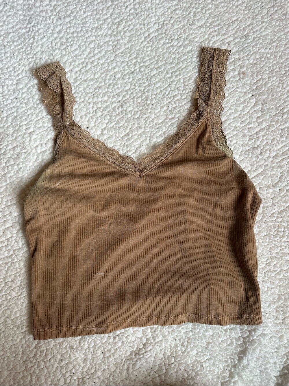 American Eagle Outfitters Ribbed Lace-Trim Tank Top in Brown